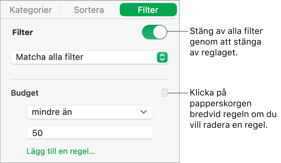 Reglage för att radera ett filter eller stänga av alla filter.