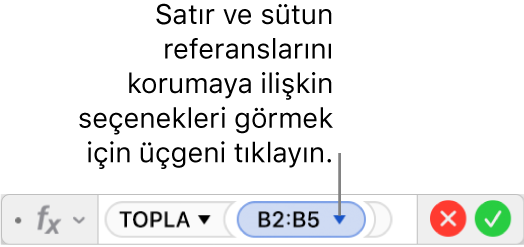 Bir aralık başvurusunun satır ve sütununun nasıl korunacağını gösteren Formül Düzenleyici.