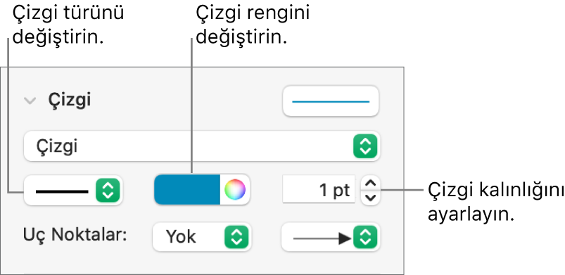 Uç noktaları, çizgi kalınlığını ve rengi ayarlamak için çizgi denetimleri.