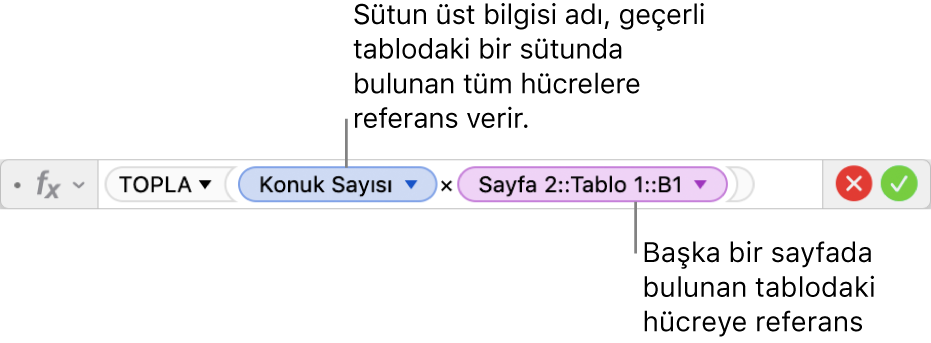 Bir tabloda sütuna ve başka bir tabloda hücreye başvuran bir formül gösteren Formül Düzenleyici.