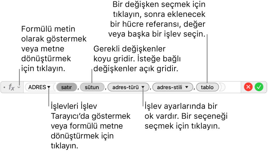 ADDRESS işlevini ve bağımsız değişken göstergelerini gösteren formül düzenleyici.