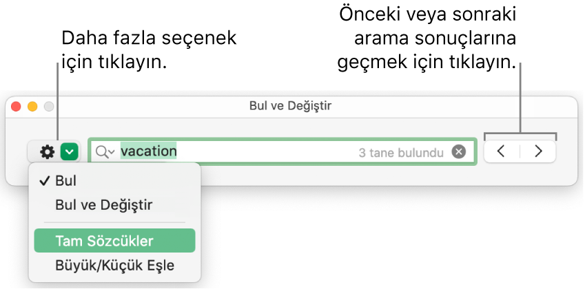 Bul ve Değiştir penceresi; Bul, Bul ve Değiştir, Tam Sözcükler ve Büyük/Küçük Eşle seçeneklerini gösteren açılır menüyü içerir. Sağ taraftaki oklar, önceki veya sonraki arama sonuçlarına gitmenizi sağlar.