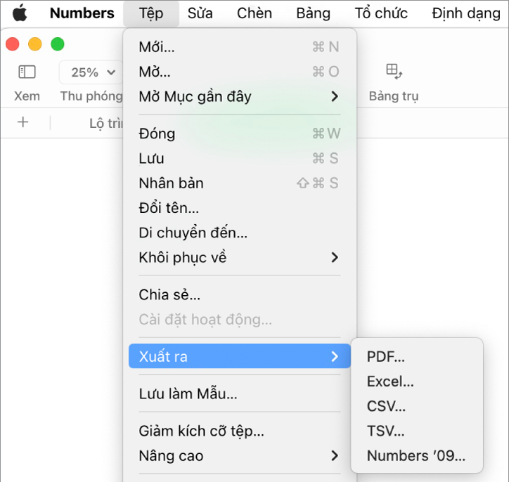 Menu Tệp mở với Xuất ra được chọn, với menu con đang hiển thị các tùy chọn xuất cho PDF, Excel, CSV và Numbers ’09.