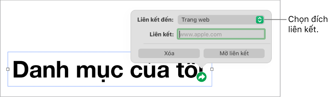 Các điều khiển của trình sửa liên kết với Trang web được chọn và các nút Xóa và Mở liên kết nằm ở cuối.