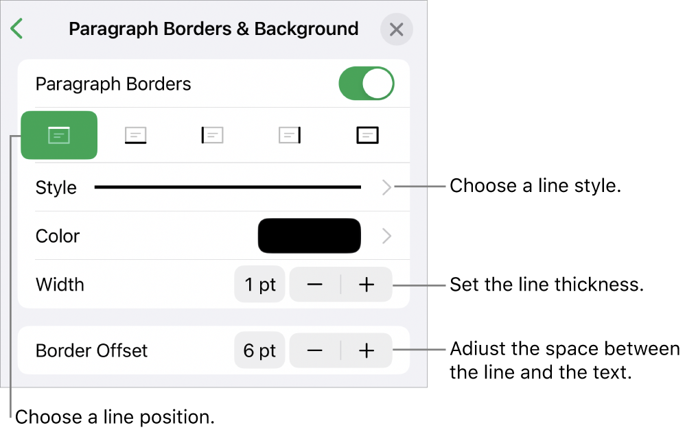 Controls to change the line style, thickness, position, and color.