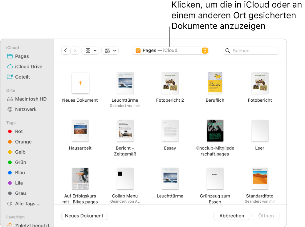 Das Dialogfenster „Öffnen“ mit der geöffneten Seitenleiste links und dem Einblendmenü oben, in dem iCloud Drive ausgewählt ist. Im Dialogfenster werden die Ordner für Keynote, Numbers und Pages und die Taste „Neues Dokument“ angezeigt.