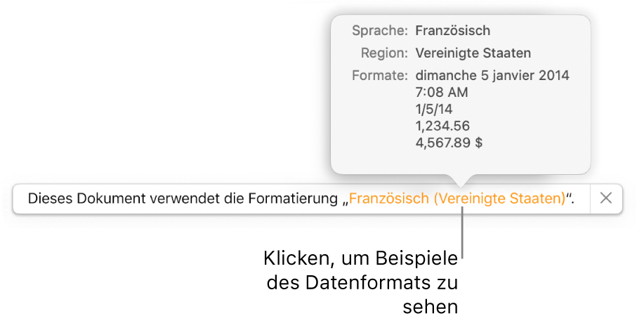 Die Mitteilung zur anderen Sprache und Region mit Beispielen der Formatierung in dieser Sprache und Region.