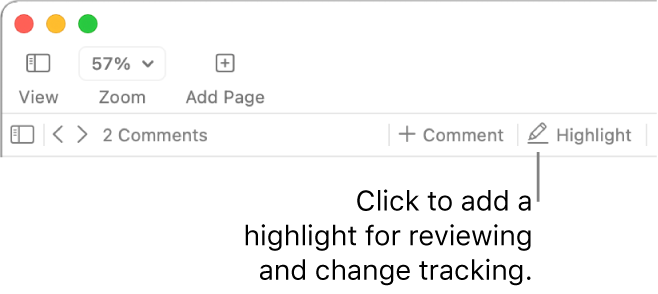 The menu bar showing the Insert menu and below it, the Pages toolbar with review tools showing and a callout to the Highlight button.