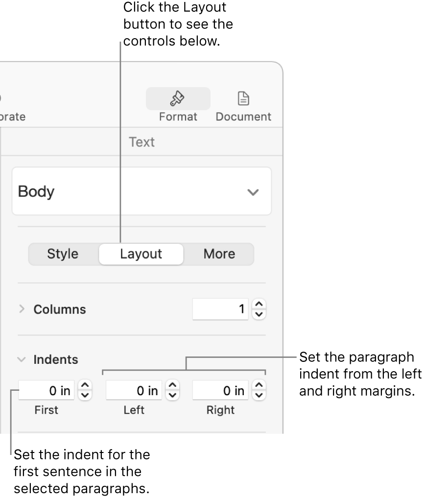 Controls in the Layout section of the Format sidebar for setting first line indent.