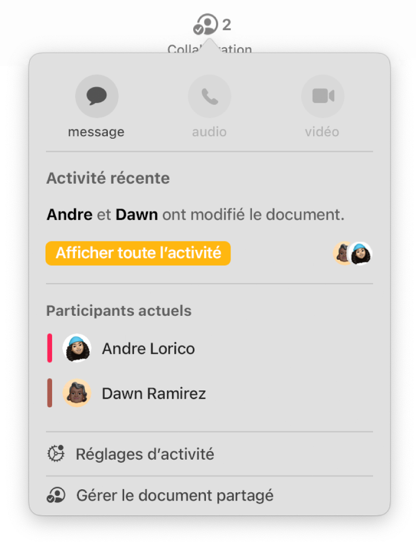 Le menu de collaboration affichant le nom des personnes qui collaborent sur le document.