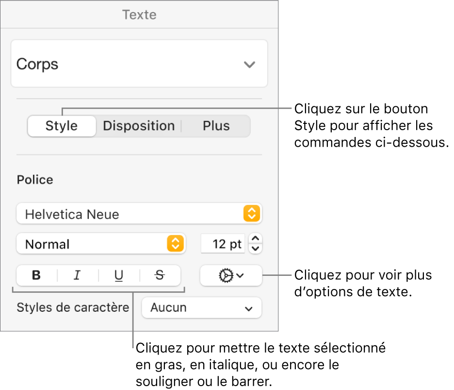 Les commandes de style de la barre latérale Format avec des légendes pour les boutons Gras, Italique, Souligné et Barré.