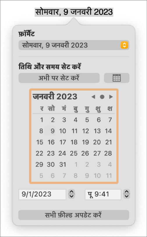 तिथि और समय नियंत्रण, जो फ़ॉर्मैट के लिए पॉप-अप मेनू और “तिथि और समय सेट करें” नियंत्रणों को दिखा रहा है।