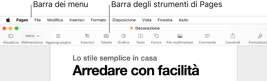 Barra dei menu nella parte superiore dello schermo con i menu Apple, Pages, File, Modifica, Inserisci, Formato, Disposizione, Visualizza, Finestra e Aiuto. Sotto la barra dei menu si trova un documento di Pages aperto con i pulsanti della barra degli strumenti nella parte superiore Visualizza, Ridimensiona, Aggiungi Pagina, Inserisci, Tabella, Grafico, Testo, Forma, Multimedia, Commento, Condividi e Formato.