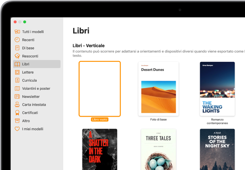 “Scelta modelli” con la categoria Libri selezionata nell’elenco delle categorie sulla sinistra e modelli per libri con orientamento verticale sulla destra.
