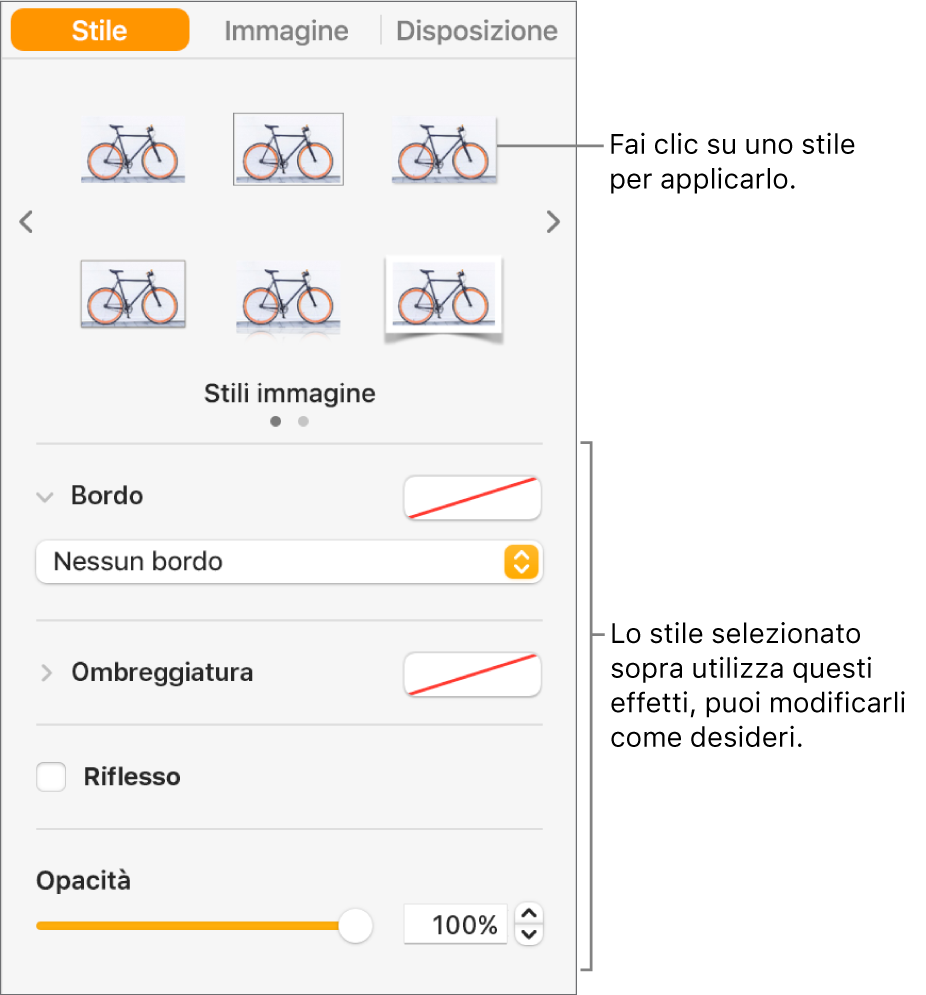 Pannello Stile della barra laterale Formattazione che mostra le opzioni relative allo stile dell’oggetto.