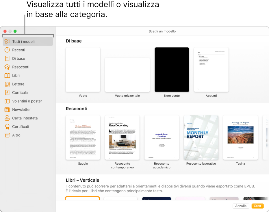 “Scelta modelli”. Una barra laterale sulla sinistra elenca le categorie di modelli su cui puoi fare clic per filtrare le opzioni. Sulla destra ci sono delle miniature di modelli con design predefinito disposte in riga per categoria, a partire da “Di base” in cima e seguite da Resoconti e Libri (con orientamento verticale). Il menu a comparsa per lingua e zona si trova nell’angolo inferiore sinistro e i pulsanti Annulla e Crea si trovano nell’angolo inferiore destro.