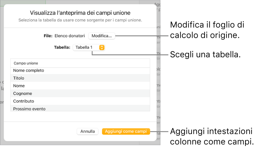 Si apre il riquadro “Anteprima campi unione”, con le opzioni per modificare il file o la tabella di origine, visualizzare l’anteprima dei nomi dei campi unione o aggiungere le intestazioni delle colonne come campi.