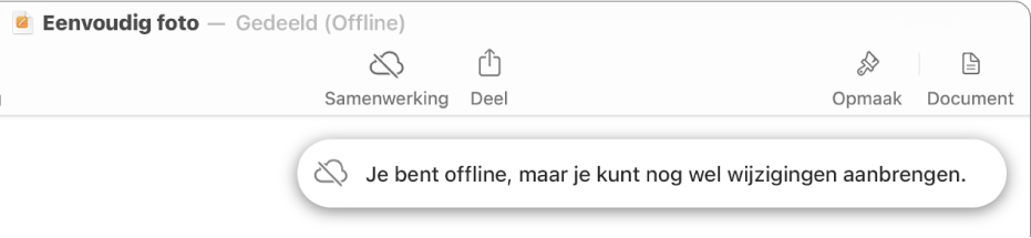 De knoppen boven in het scherm, met de knop voor samenwerking die is veranderd in een wolk met een schuine streep. De volgende melding staat op het scherm: 'Je bent offline, maar je kunt nog wel wijzigingen aanbrengen.'