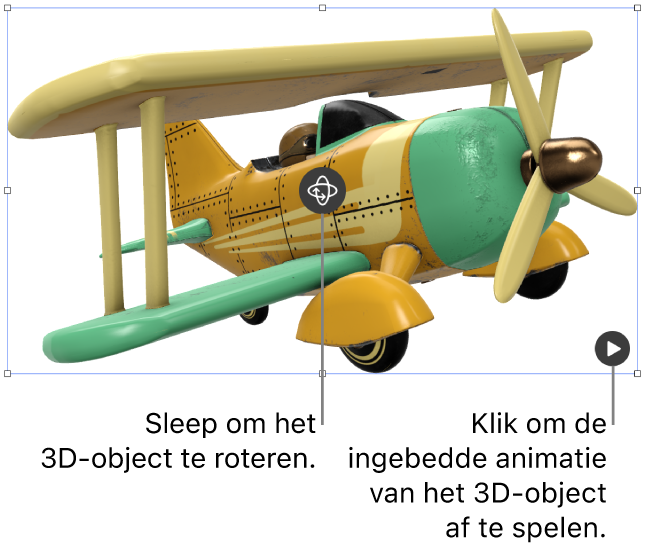 Een 3D-object met de roteerknop in het midden van het object en de afspeelknop in de rechterbenedenhoek.