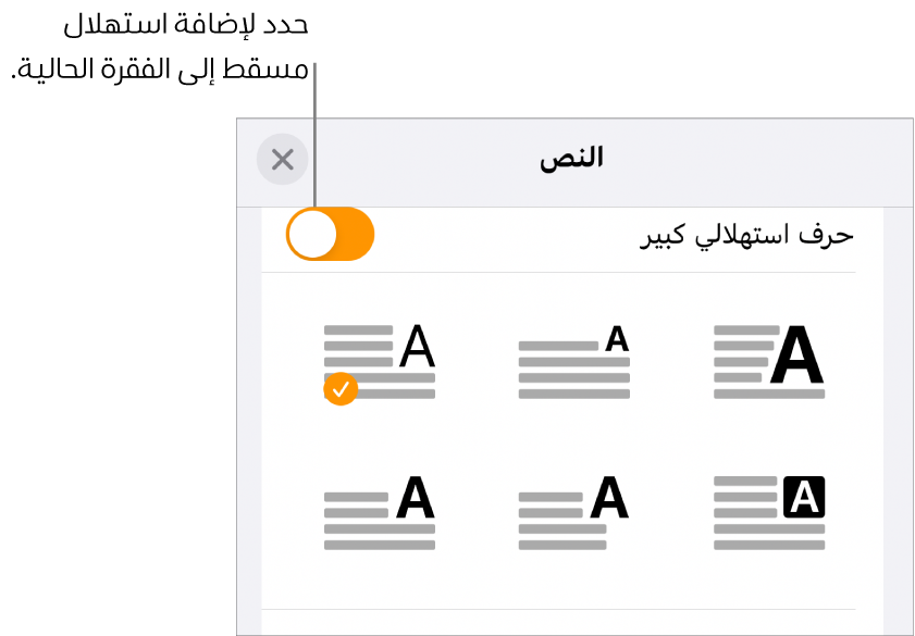 عناصر التحكم في الاستهلال المسقط الموجودة في الجزء السفلي من قائمة النص.