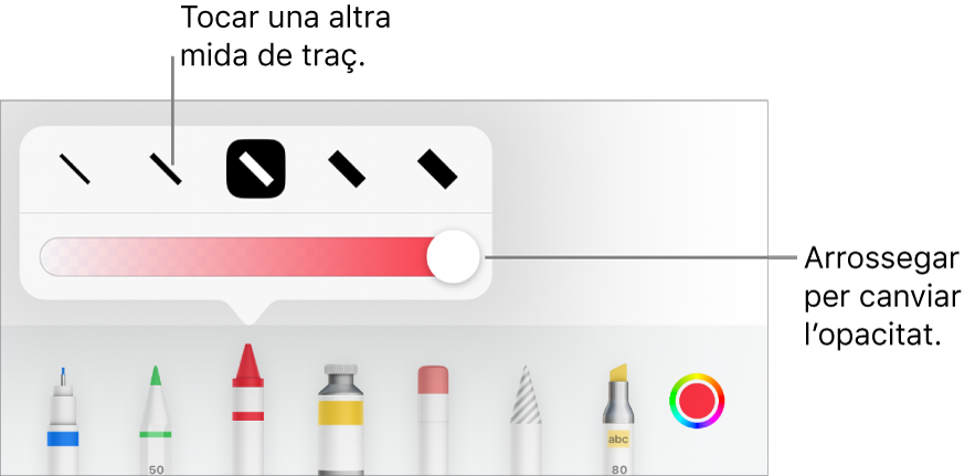 Controls per triar una mida de traç i un regulador per ajustar‑ne l’opacitat.