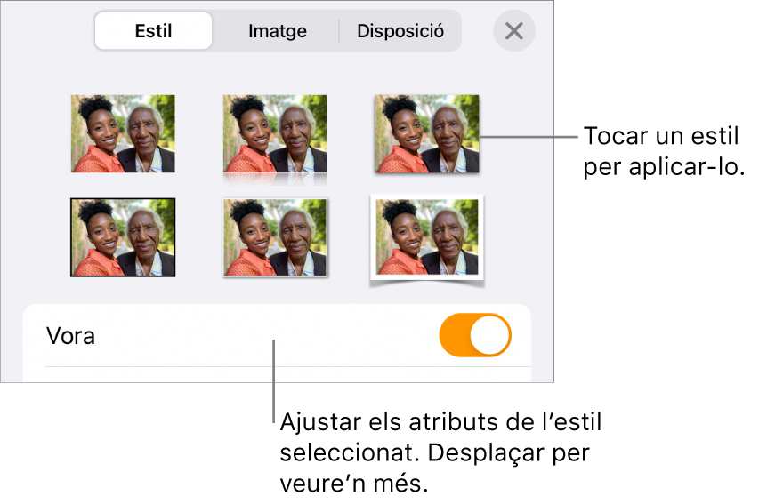 La pestanya Estil del menú Format amb estils d’objecte a la part superior i un control a sota per canviar la vora.