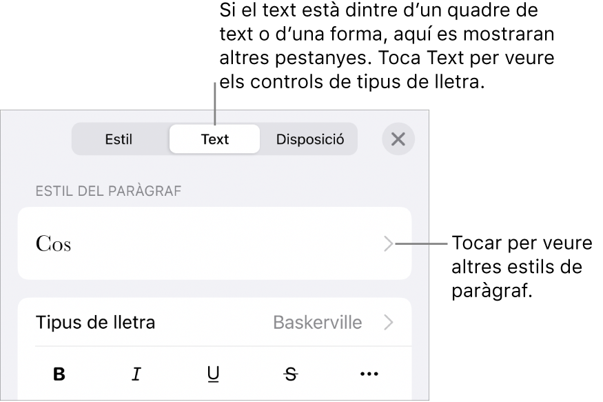 El menú Format amb els controls de text per definir els estils de paràgraf i de caràcter, el tipus de lletra, la mida i el color.