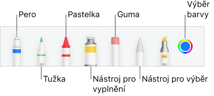 Panel nástrojů v Pages na iPhonu pro kreslení perem, tužkou, pastelem, nástrojem výplň, nástrojem pro výběr, gumou a výběrem barev se zobrazenou aktuální barvou