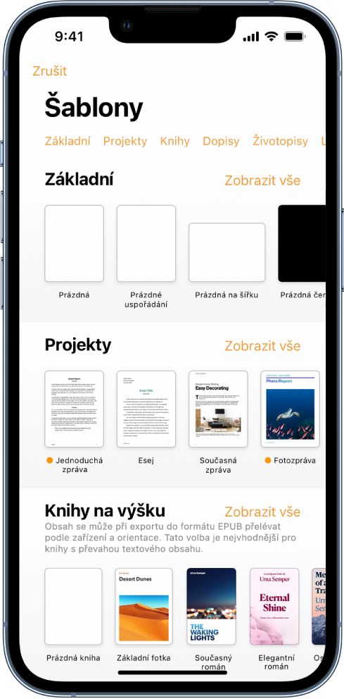 Okno pro výběr šablon s řádkem kategorií u horního okraje; klepnutím na ně můžete filtrovat možnosti pro výběr. Pod ním jsou vidět miniatury předdefinovaných šablon, uspořádané v řádcích podle kategorií. Na začátku je Nová a pak následují Poslední a Základní. U řádku každé kategorie je vpravo nahoře zobrazeno tlačítko Zobrazit vše.