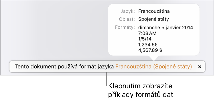 Upozornění na odlišné nastavení jazyka a oblasti s ukázkami formátování pro daný jazyk a oblast