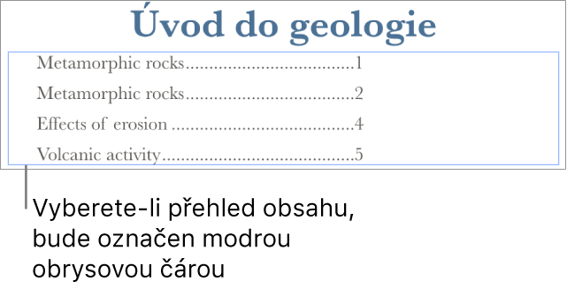 Přehled obsahu vložený do dokumentu. Jednotlivé položky uvádějí vždy nadpis kapitoly s příslušným číslem stránky