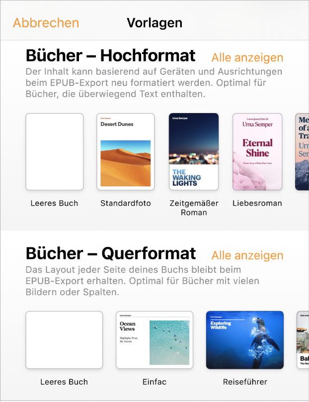 Die Vorlagenauswahl mit Buchvorlagen im Hochformat oben und im Querformat darunter