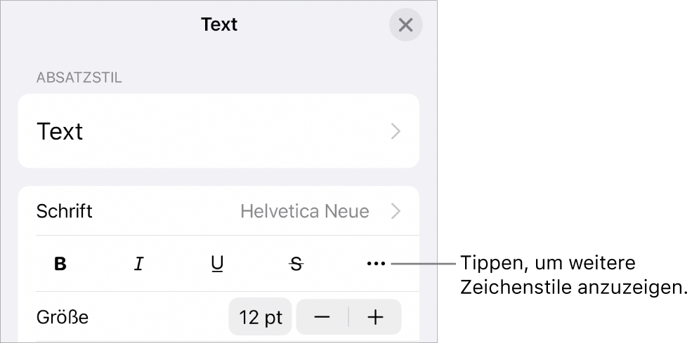 Die Steuerelemente für die Formatierung umfassen die Tasten „Fett“, „Kursiv“, „Unterstrichen“, „Durchgestrichen“ und „Weitere Textoptionen“.