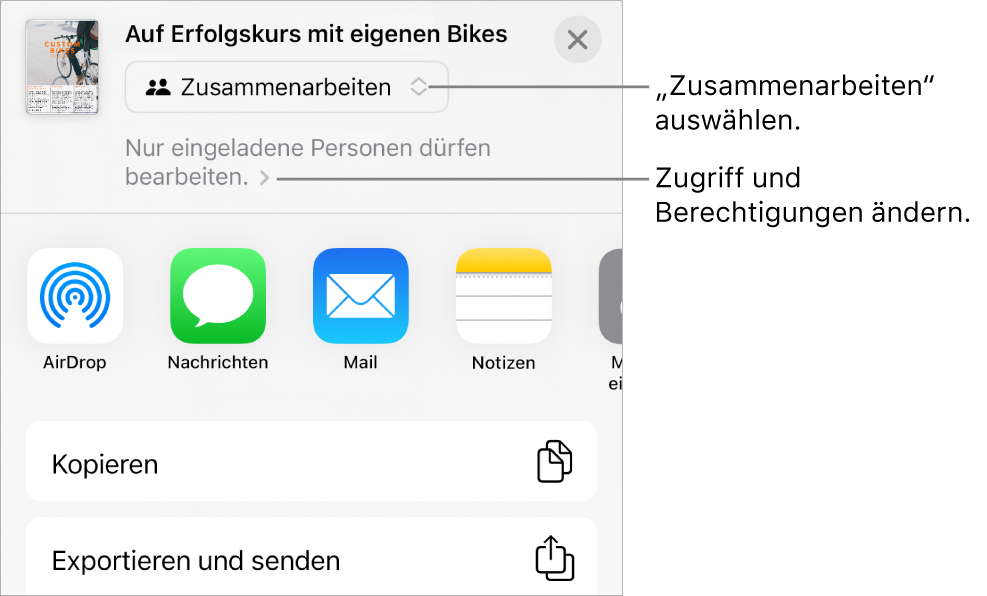 Im Menü „Teilen“ ist „Zusammenarbeiten“ oben ausgewählt und die Einstellungen für Zugriff und Berechtigungen befinden sich darunter.
