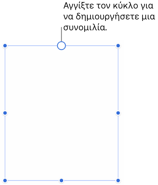 Ένα κενό πλαίσιο κειμένου με έναν λευκό κύκλο στο πάνω μέρος και λαβές αλλαγής μεγέθους στις γωνίες, στο πλάι και στο κάτω μέρος.