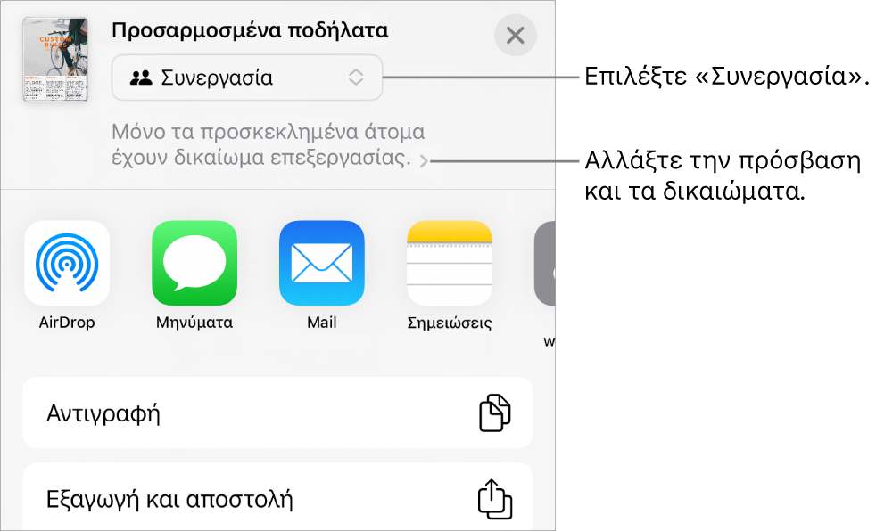 Το μενού «Κοινή χρήση» με επιλεγμένη τη «Συνεργασία» στο πάνω μέρος, και ρυθμίσεις πρόσβασης και δικαιωμάτων από κάτω.