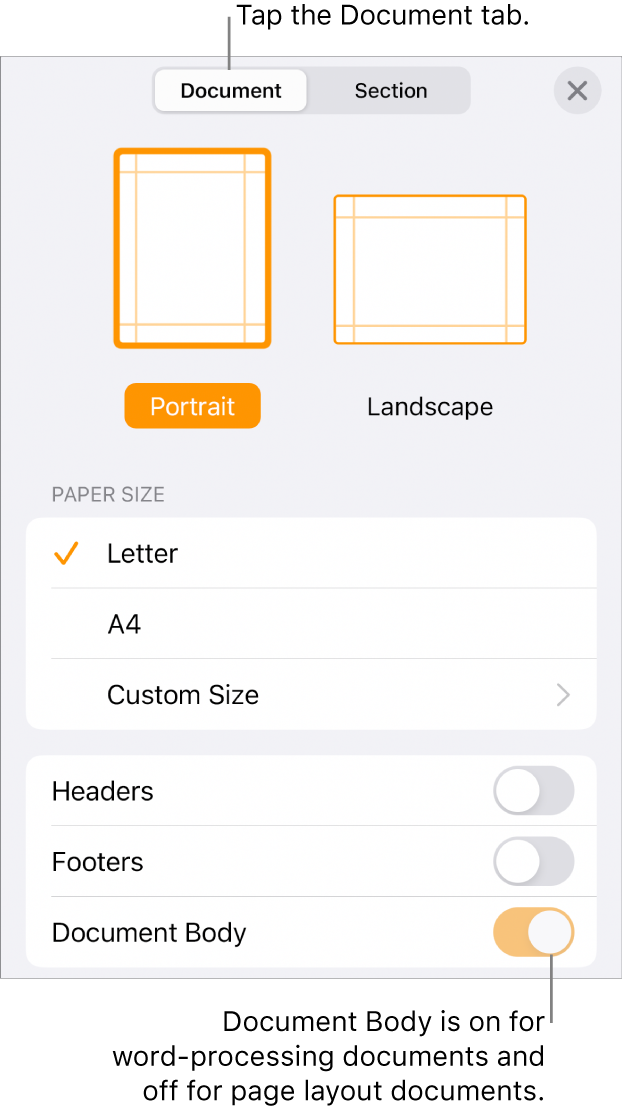 The Document format controls with Document Body turned on near the bottom of the screen.