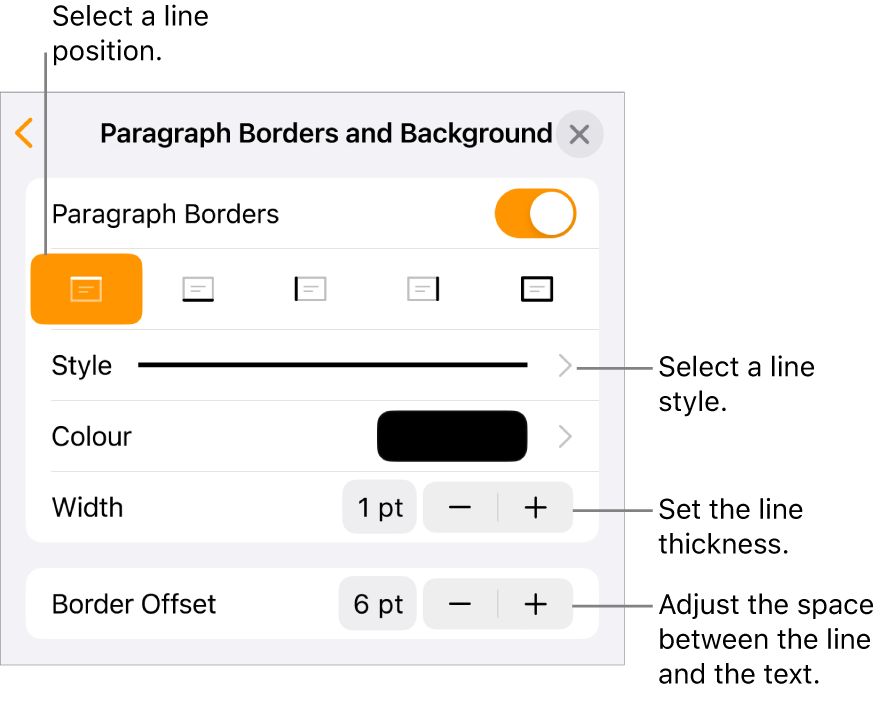 Controls to change the line style, thickness, position and colour.