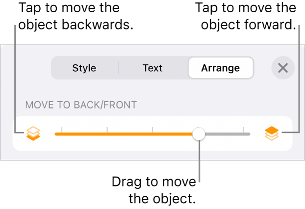 The Move Backward button, the Move Forward button and the layering slider.