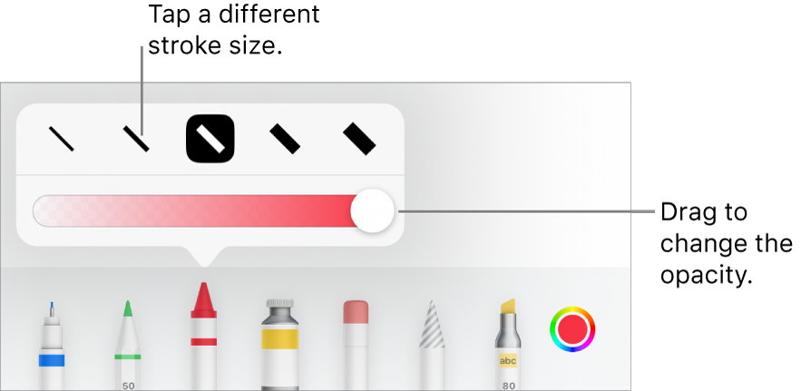 Controls for choosing a stroke size and a slider for adjusting the opacity.