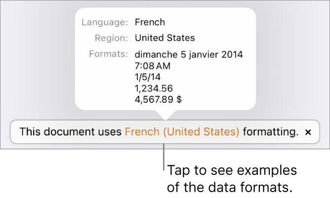 The notification of the different language and region setting, showing examples of the formatting in that language and region.