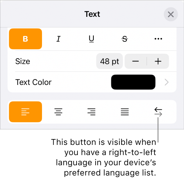 Text controls in the Format menu with a callout pointing to the Right to Left button.