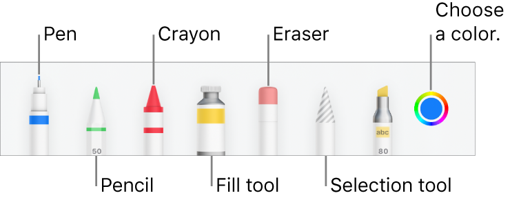 The drawing toolbar in Pages on iPhone with a pen, pencil, crayon, fill tool, eraser, selection tool, and color well showing the current color.