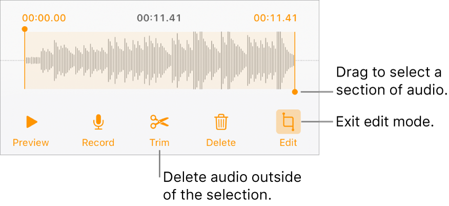 Controls for editing recorded audio. Handles indicate the selected section of the recording, and Preview, Record, Trim, Delete, and Edit Mode buttons are below.