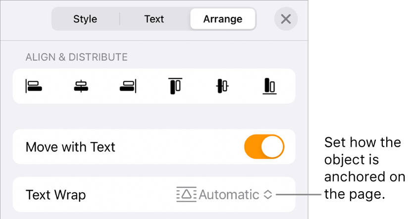 The Arrange controls with Move with Text and Text Wrap.