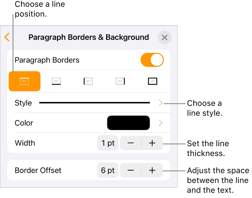 Controls to change the line style, thickness, position, and color.