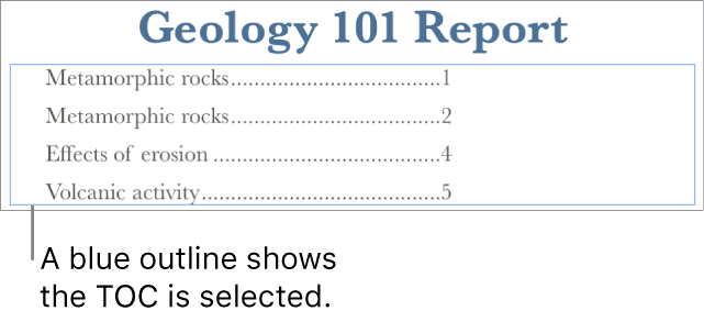 A table of contents inserted into a document. Entries show headings along with their page numbers.