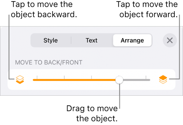 The Move Backward button, the Move Forward button, and the layering slider.