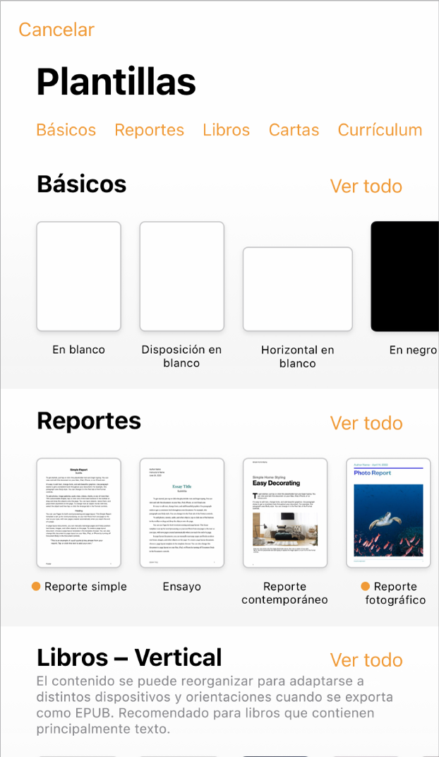 El selector de plantilla muestra una fila de categorías a lo largo de la parte superior en las que puedes tocar para filtrar las opciones. En la parte inferior, organizadas en filas por categoría, aparecen miniaturas de las plantillas prediseñadas, comenzando con las Nuevas en la parte superior y seguidas de las Recientes y Básicas. En la parte superior derecha de cada fila de categoría aparece un botón Ver todo.