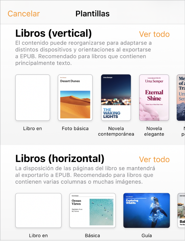 El selector de plantilla con plantillas de libro con orientación vertical en la parte superior y orientación horizontal abajo.
